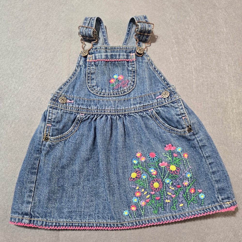 OshKosh B'gosh Baby Girls Blue Denim Floral Embroidered Jumper Dress 18 Months
